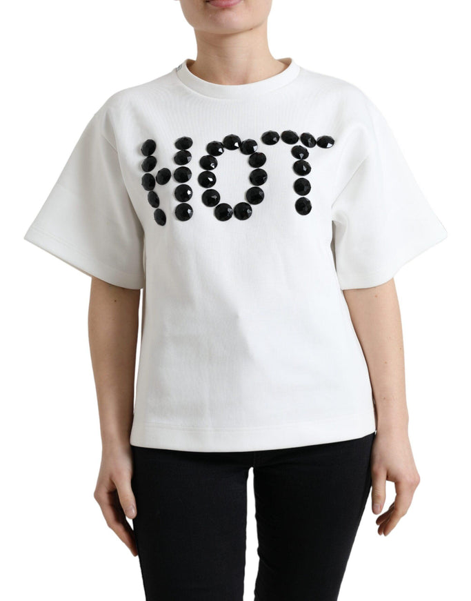 Dolce & Gabbana T-shirt White Cotton Stretch Black HOT Crystal - Ellie Belle