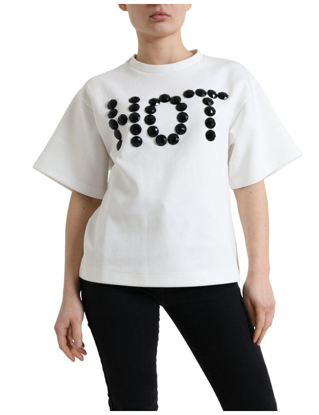 Dolce & Gabbana T-shirt White Cotton Stretch Black HOT Crystal - Ellie Belle