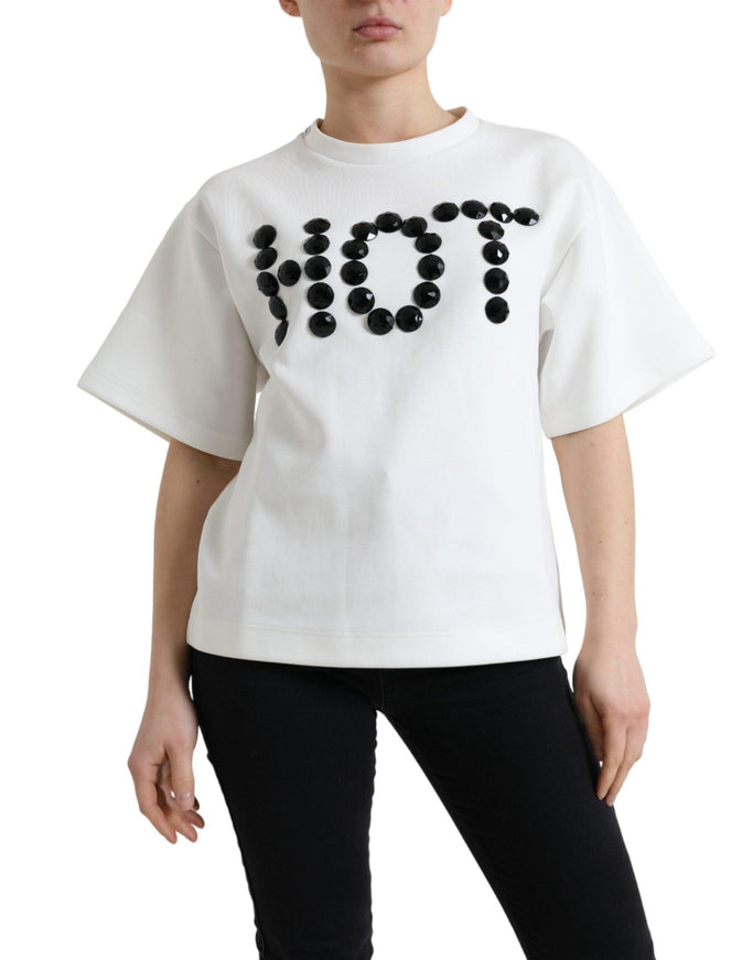 Dolce & Gabbana T-shirt White Cotton Stretch Black HOT Crystal - Ellie Belle