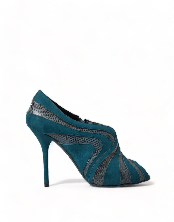 Dolce & Gabbana Teal Suede Leather Peep Toe Heels Pumps Shoes - Ellie Belle