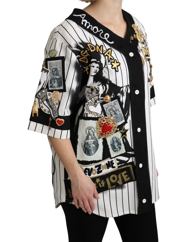 Dolce & Gabbana White and black Blouse Cotton Crystal Charms Amore Shirt - Ellie Belle