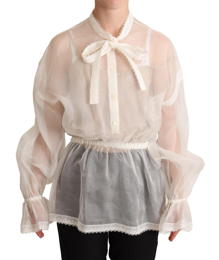 Dolce & Gabbana White Ascot Collar Long Sleeves Blouse Top - Ellie Belle