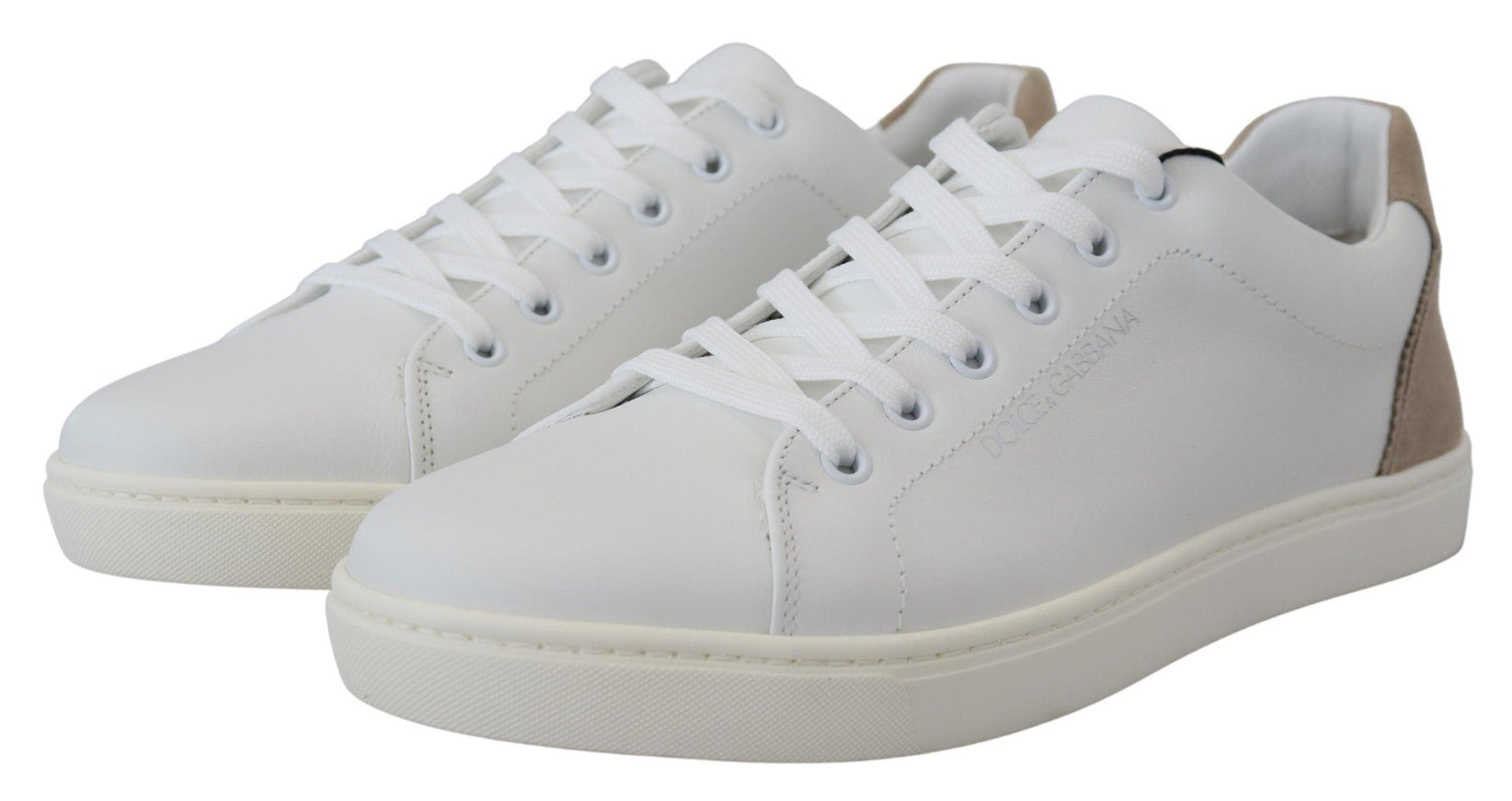 Dolce & Gabbana White Beige Leather Low Top Sneakers Shoes - Ellie Belle