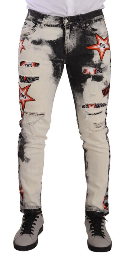 Dolce & Gabbana White Black Cotton Distressed Skinny Denim Jeans - Ellie Belle