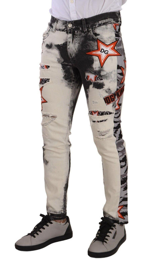 Dolce & Gabbana White Black Cotton Distressed Skinny Denim Jeans - Ellie Belle