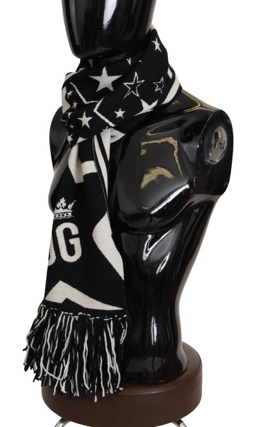 Dolce & Gabbana White Black DG Logo Star Printed Wool Fringe Scarf - Ellie Belle