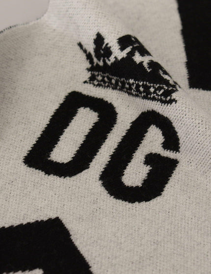 Dolce & Gabbana White Black DG Logo Star Printed Wool Fringe Scarf - Ellie Belle