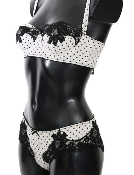 Dolce & Gabbana White Black Dot Silk Lace Stretch Set Underwear - Ellie Belle