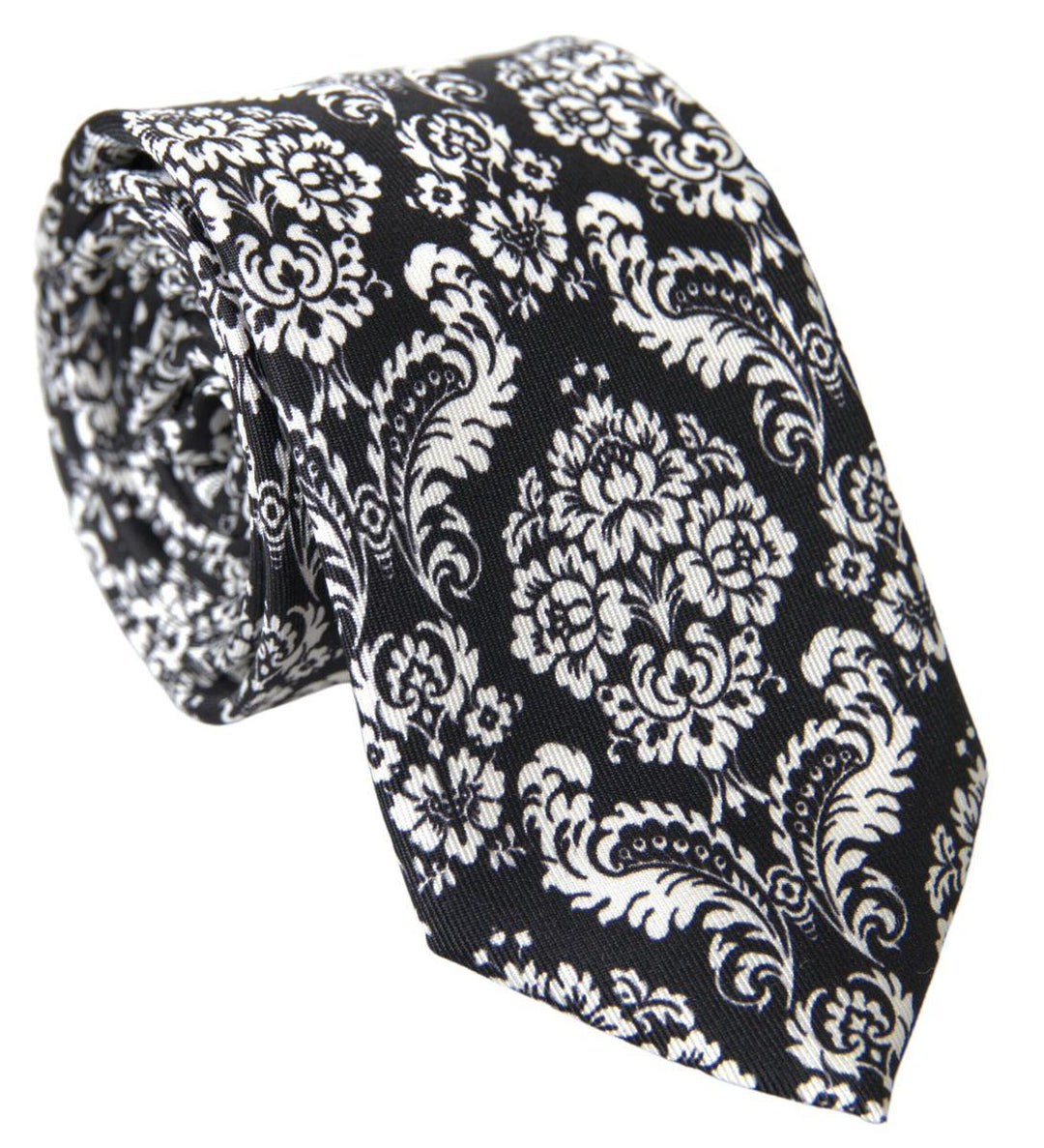 Dolce & Gabbana White Black Floral Print Adjustable Necktie Tie - Ellie Belle