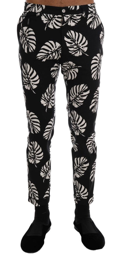 Dolce & Gabbana White Black Leaf Cotton Stretch Slim Pants - Ellie Belle