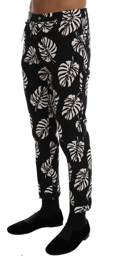 Dolce & Gabbana White Black Leaf Cotton Stretch Slim Pants - Ellie Belle