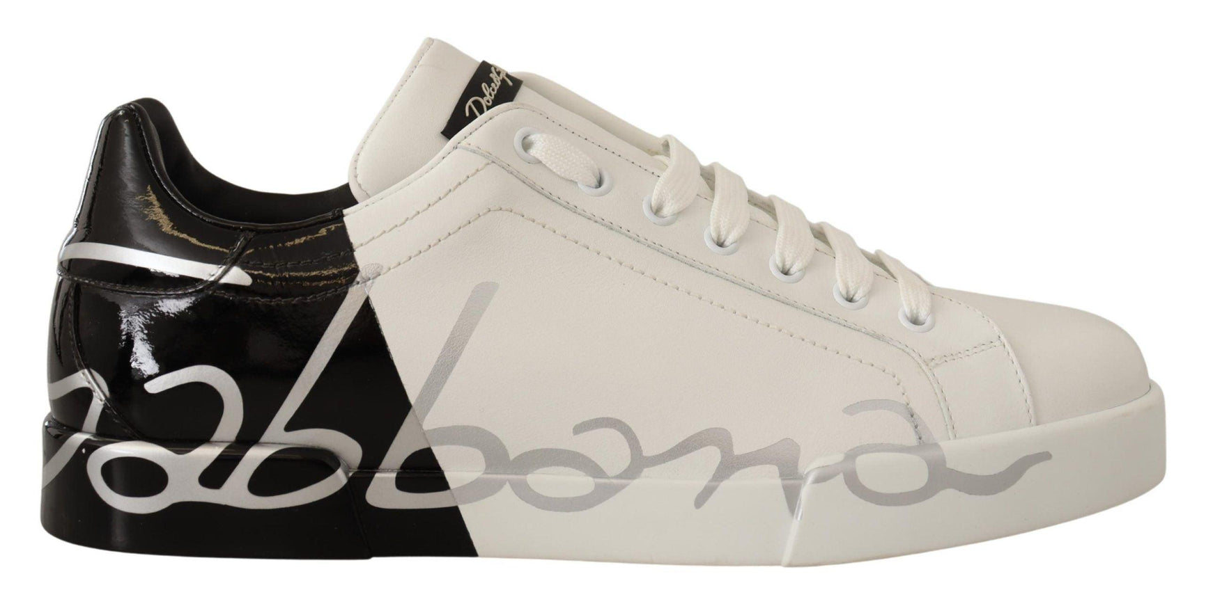 Dolce & Gabbana White Black Leather Logo Print Mens Sneakers Shoes - Ellie Belle