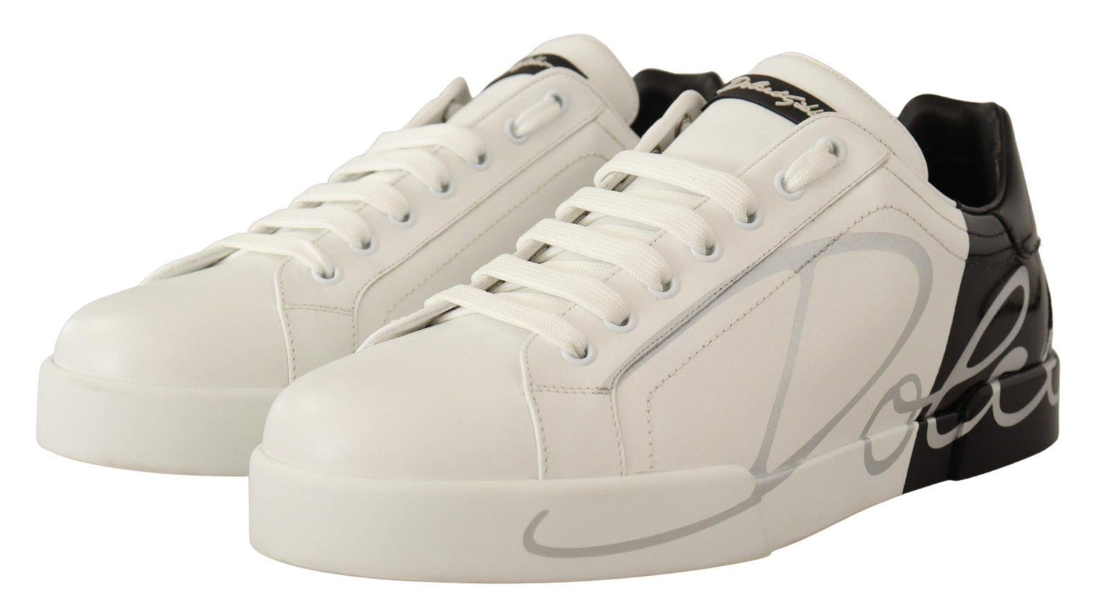 Dolce & Gabbana White Black Leather Logo Print Mens Sneakers Shoes - Ellie Belle