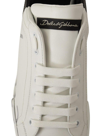Dolce & Gabbana White Black Leather Logo Print Mens Sneakers Shoes - Ellie Belle