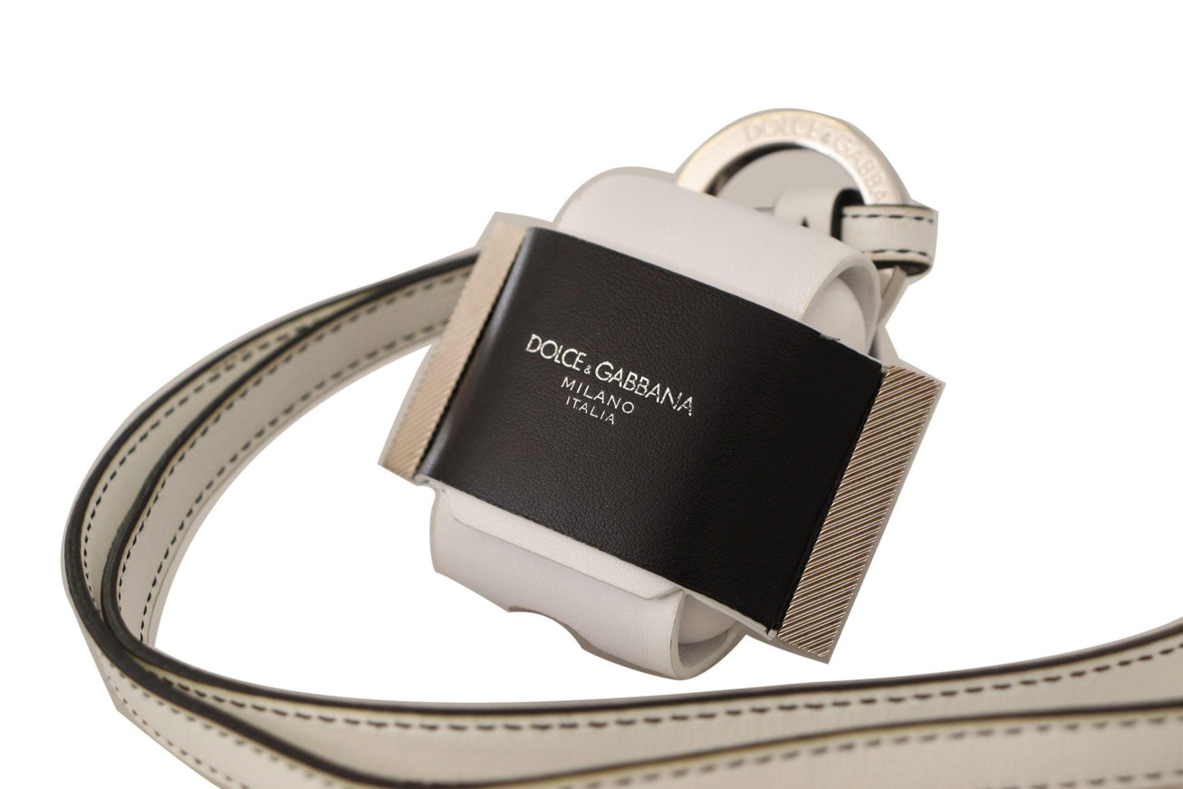 Dolce & Gabbana White Black Leather Strap Silver Metal Logo Airpods Case - Ellie Belle