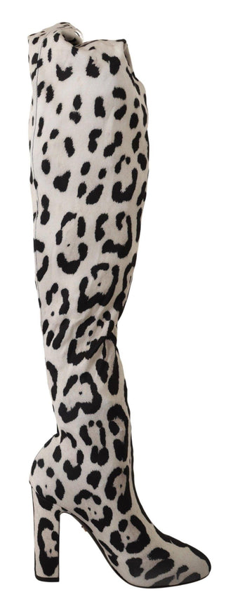 Dolce & Gabbana White Black Leopard Stretch Long Boots - Ellie Belle