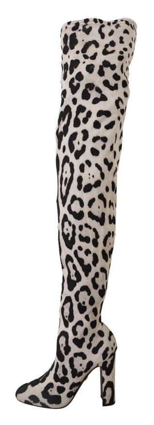 Dolce & Gabbana White Black Leopard Stretch Long Boots - Ellie Belle