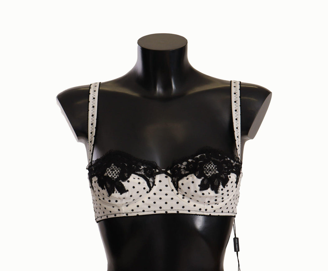 Dolce & Gabbana White Black Polka Dot Satin Lace Balconette Bra - Ellie Belle