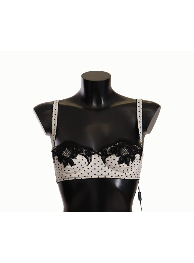 Dolce & Gabbana White Black Polka Dot Satin Lace Balconette Bra - Ellie Belle