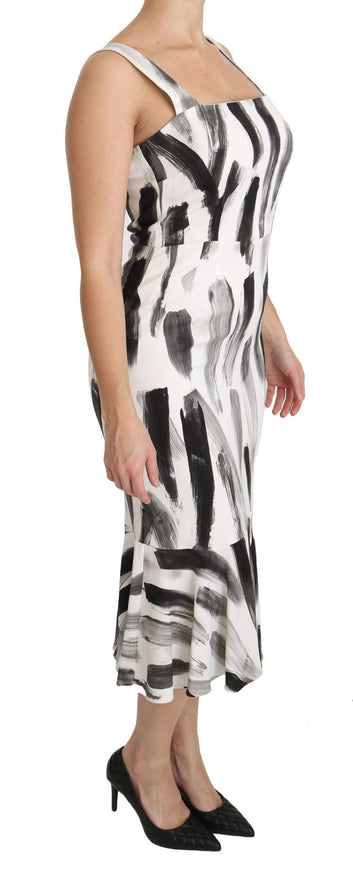 Dolce & Gabbana White Black Printed Sheath Midi Viscose Dress