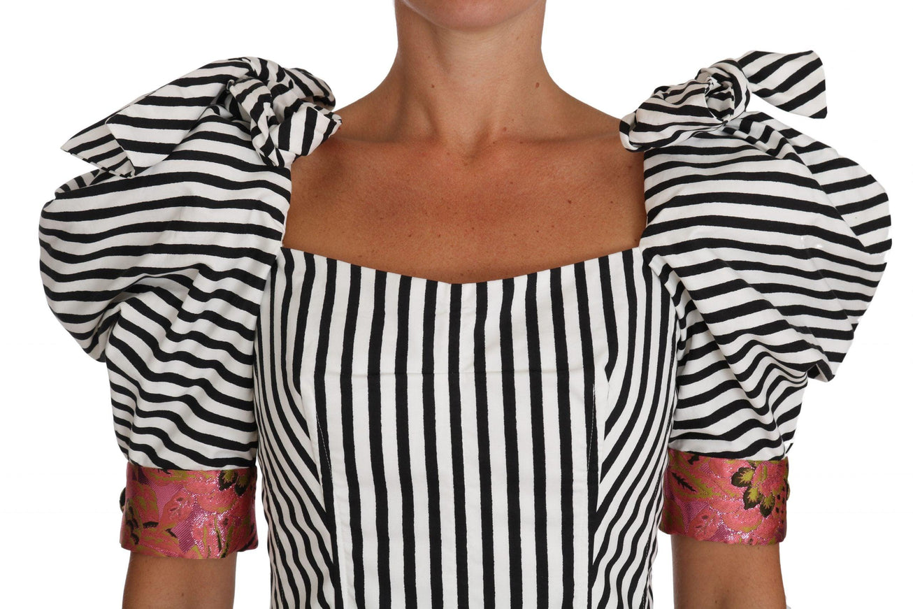 Dolce & Gabbana White Black Striped Cropped Top Puff Sleeve Shirts