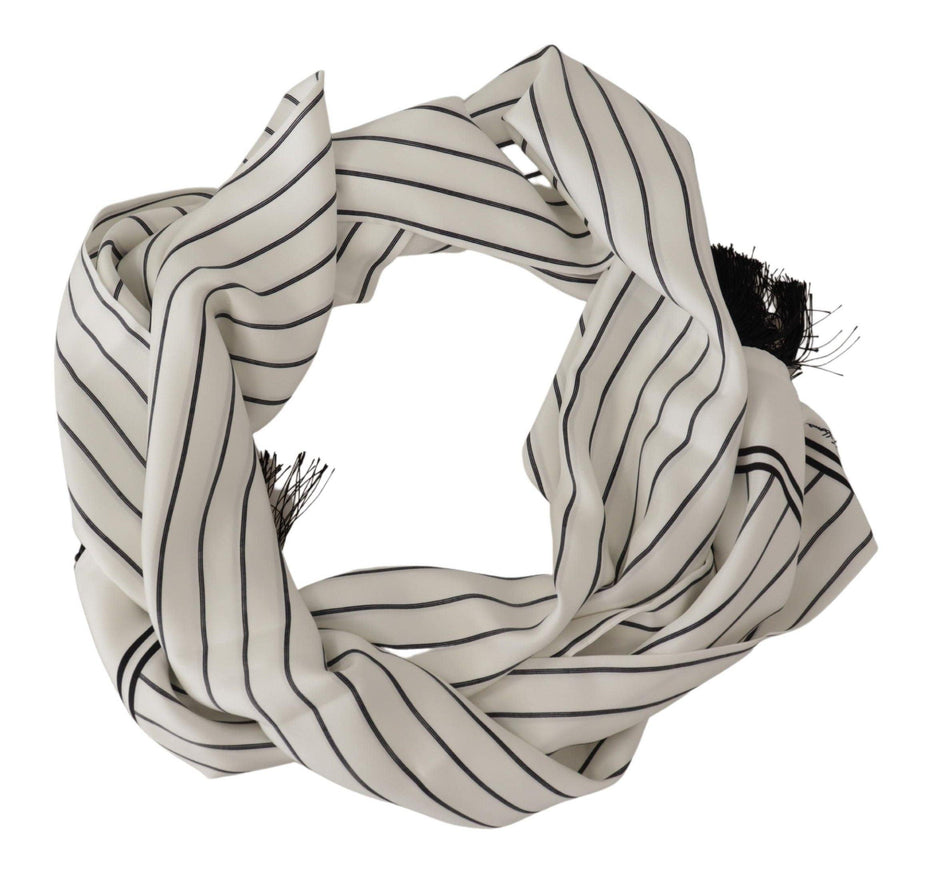 Dolce & Gabbana White Black Striped Logo Print Shawl Fringe Scarf - Ellie Belle