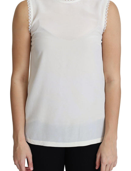 Dolce & Gabbana White Blouse Silk Lace Trimmed Sleeveless Top - Ellie Belle