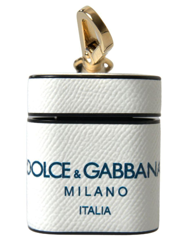 Dolce & Gabbana White Blue Calf Leather Logo Print Strap Airpods Case - Ellie Belle