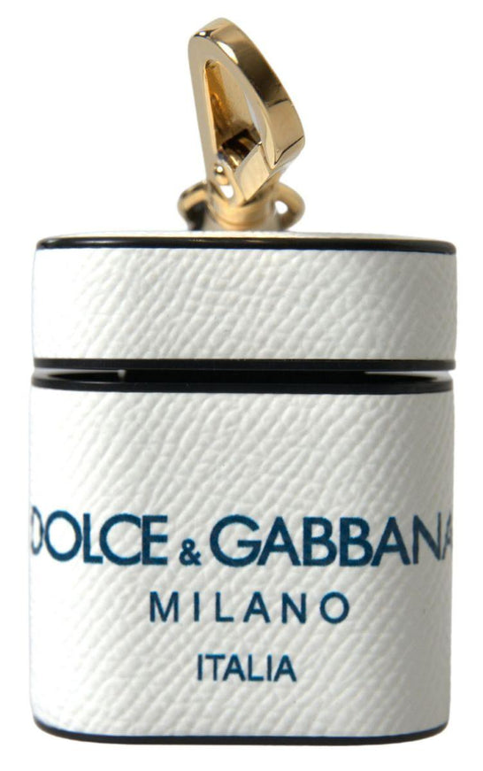 Dolce & Gabbana White Blue Calf Leather Logo Print Strap Airpods Case - Ellie Belle