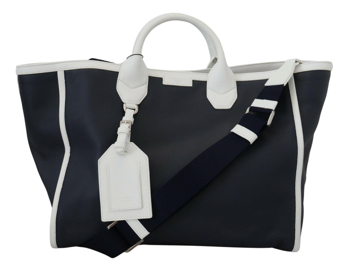 Dolce & Gabbana White Blue Leather Shopping Tote Bag - Ellie Belle