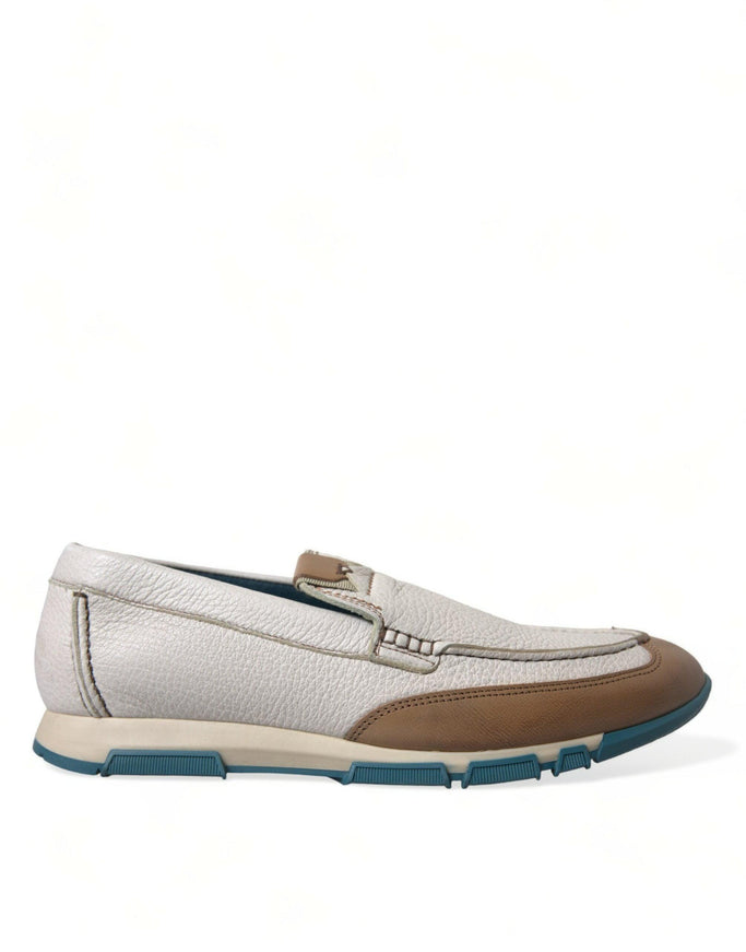 Dolce & Gabbana White Brown Leather Slip On Men Moccasin Shoes - Ellie Belle