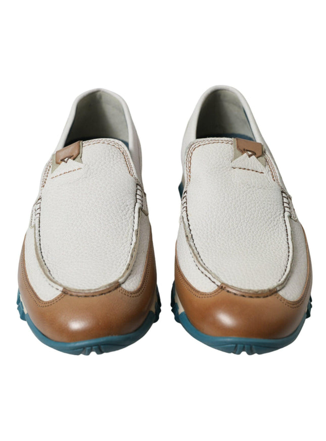 Dolce & Gabbana White Brown Leather Slip On Men Moccasin Shoes - Ellie Belle