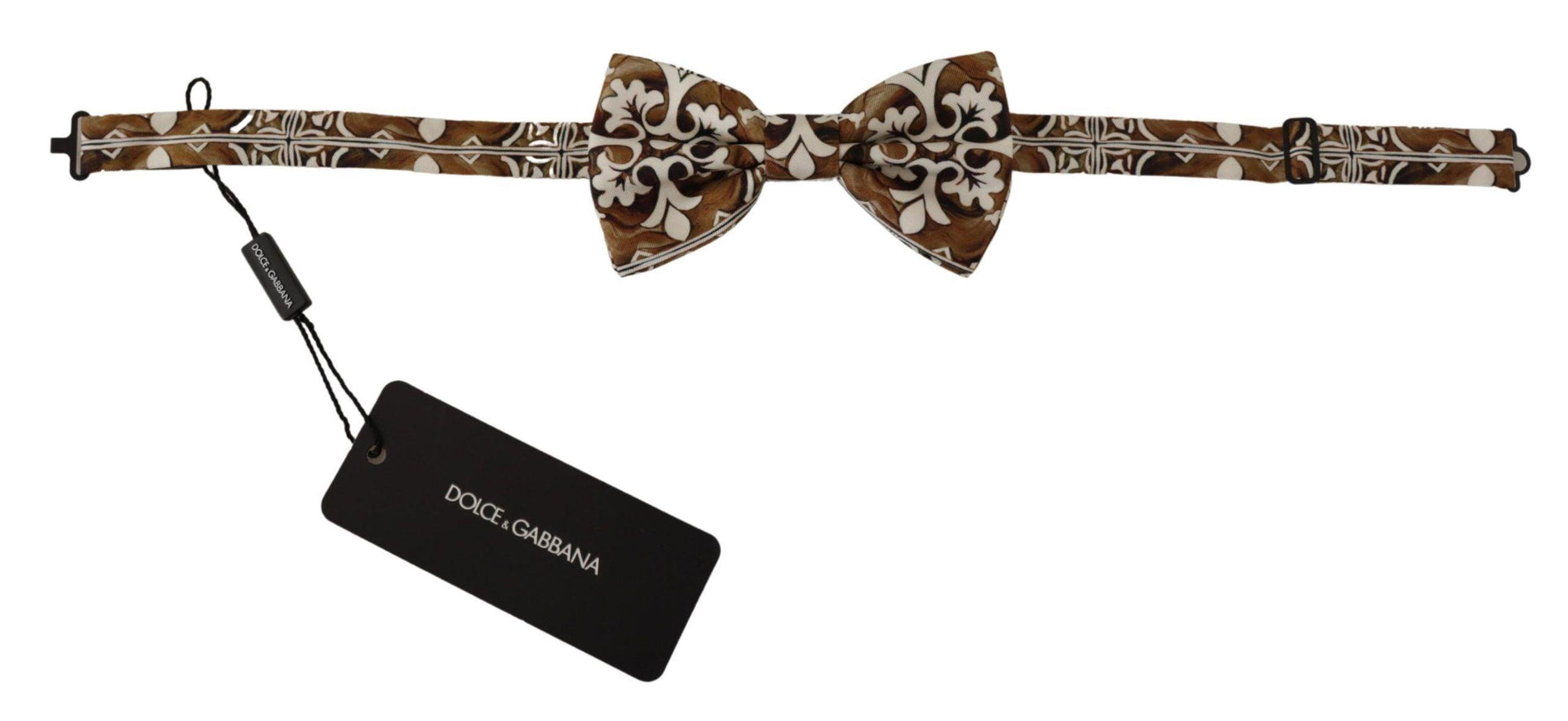 Dolce & Gabbana White Brown Silk Adjustable Neck Papillon Bow Tie - Ellie Belle