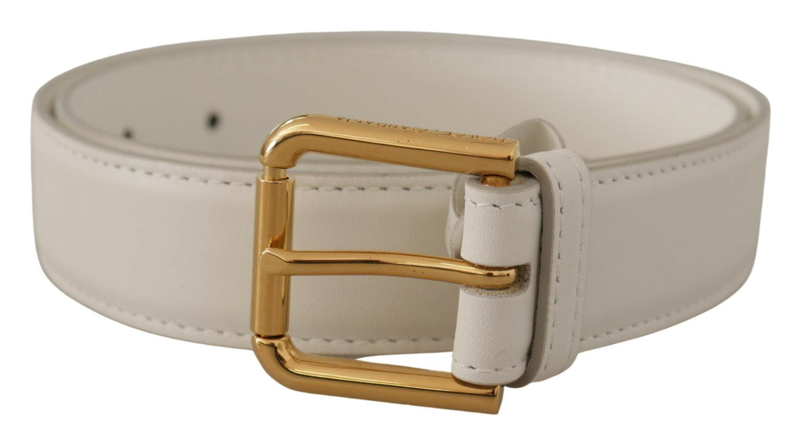 Dolce & Gabbana White Calf Leather Gold Tone Logo Metal Buckle Belt - Ellie Belle