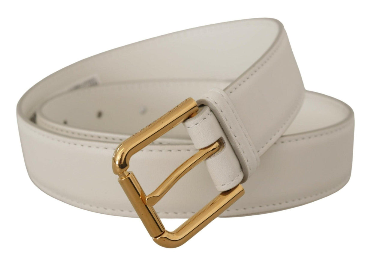 Dolce & Gabbana White Calf Leather Gold Tone Logo Metal Buckle Belt - Ellie Belle