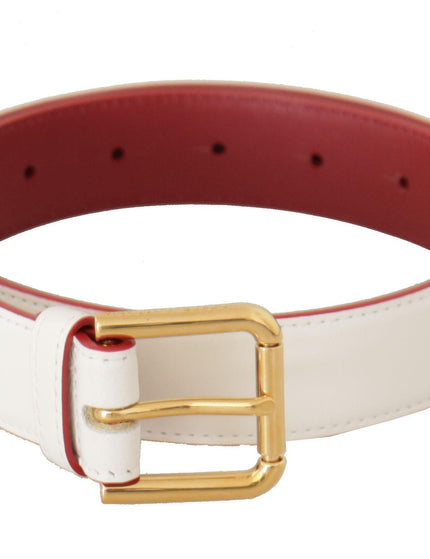 Dolce & Gabbana White Calf Leather Two-Toned Gold Metal Buckle Belt - Ellie Belle