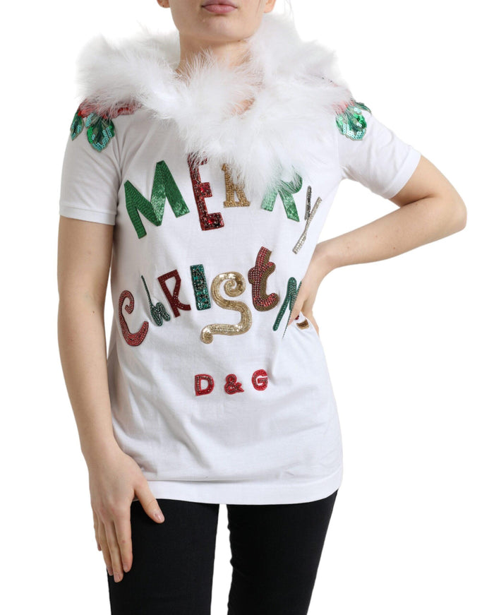 Dolce & Gabbana White Cotton Christmas Sequin Fur T-shirt - Ellie Belle