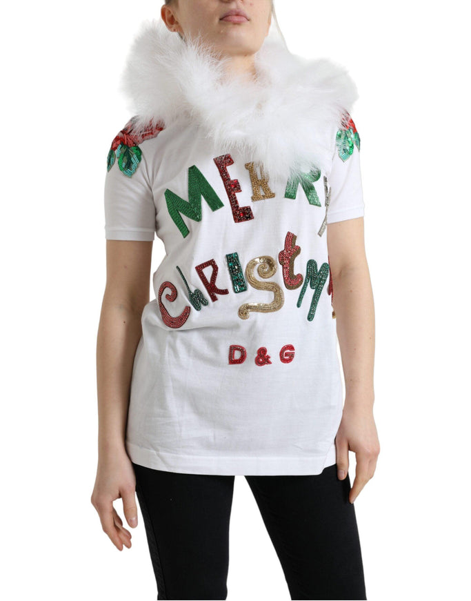 Dolce & Gabbana White Cotton Christmas Sequin Fur T-shirt - Ellie Belle