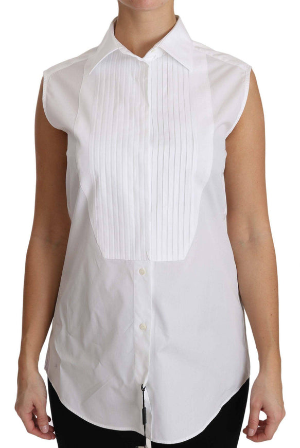 Dolce & Gabbana White Cotton Collar Down Sleeveless Blouse Shirt