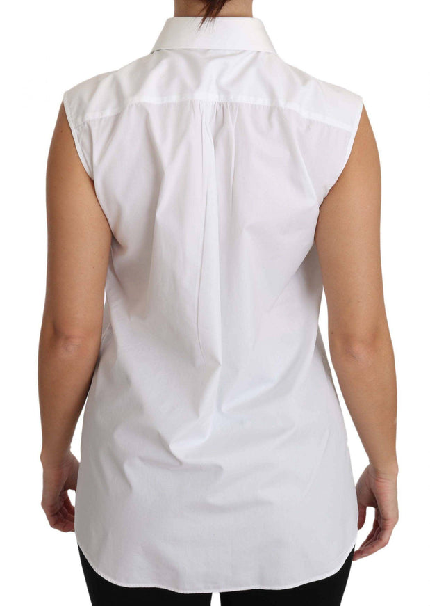 Dolce & Gabbana White Cotton Collar Down Sleeveless Blouse Shirt