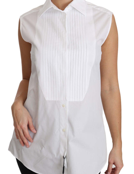 Dolce & Gabbana White Cotton Collar Down Sleeveless Blouse Shirt - Ellie Belle