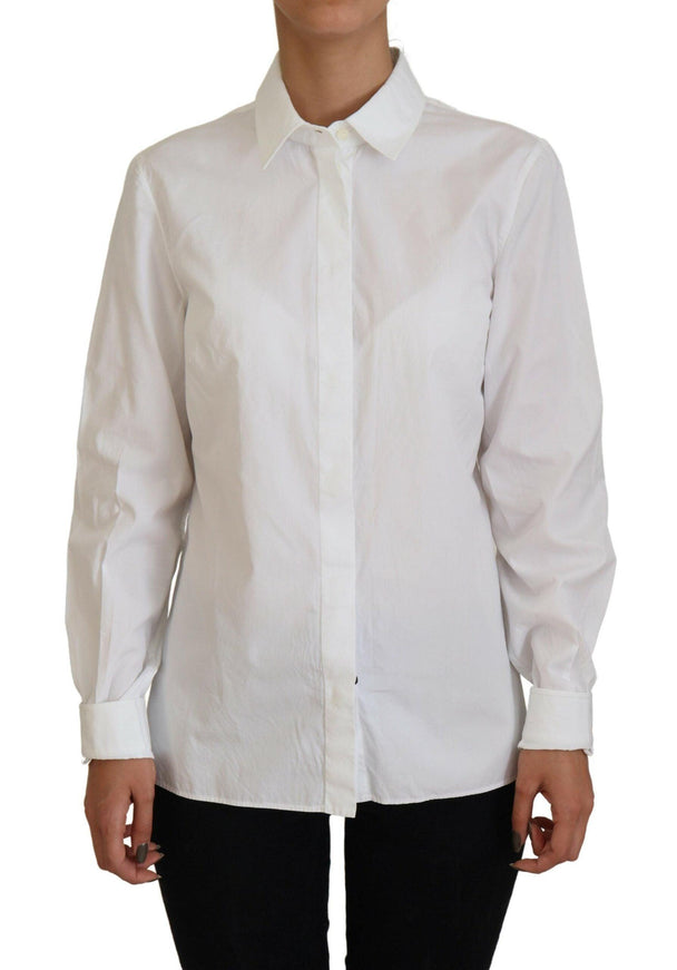 Dolce & Gabbana White Cotton Collared Long Sleeves Formal Top - Ellie Belle