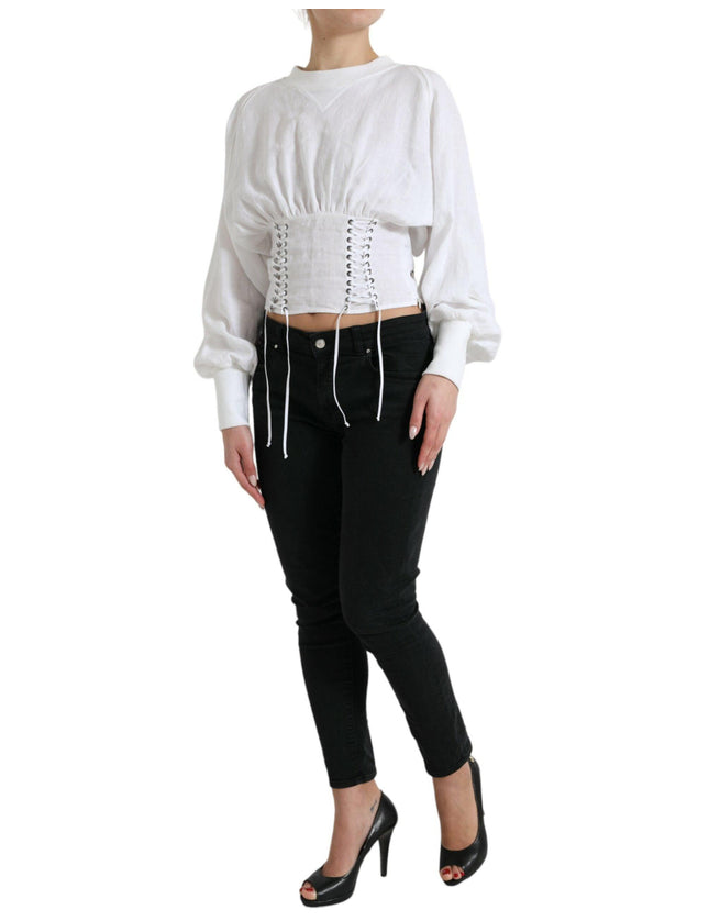 Dolce & Gabbana White Cotton Corset Cropped Long Sleeves Top - Ellie Belle