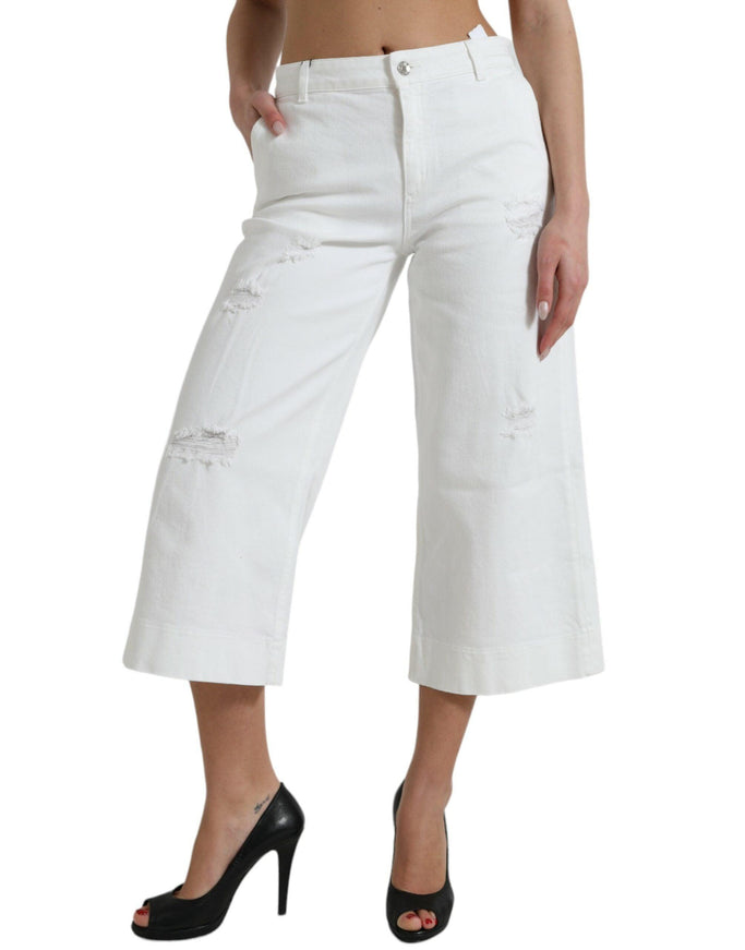 Dolce & Gabbana White Cotton Cropped Wide Leg Denim Jeans - Ellie Belle