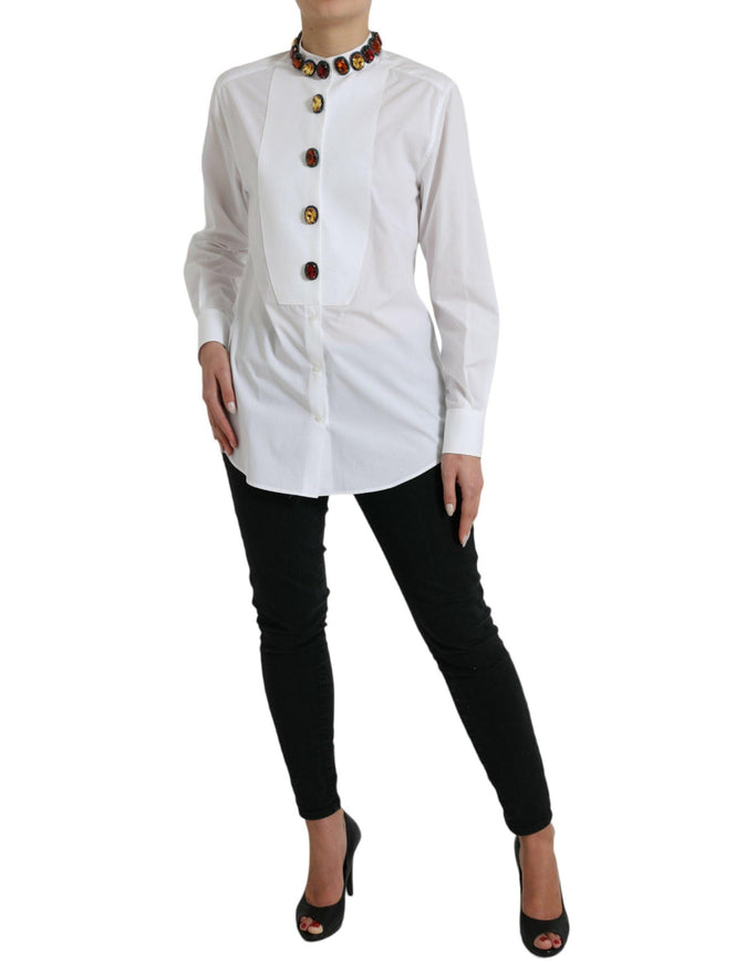 Dolce & Gabbana White Cotton Crystals Embellished Shirt Top - Ellie Belle