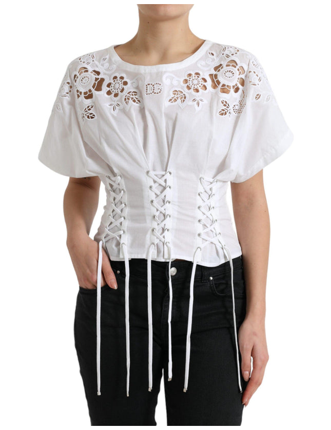 Dolce & Gabbana White Cotton Floral Cut Out Blouse Top - Ellie Belle