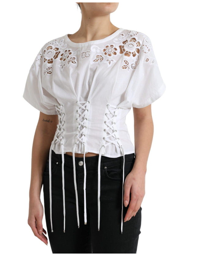 Dolce & Gabbana White Cotton Floral Cut Out Blouse Top - Ellie Belle