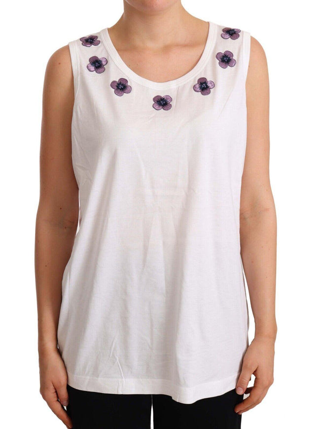 Dolce & Gabbana White Cotton Floral Embroidery Tank T-shirt Top - Ellie Belle