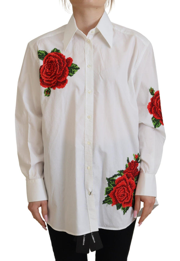 Dolce & Gabbana White Cotton Flower Embroidery Shirt Top - Ellie Belle