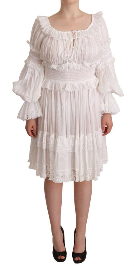 Dolce & Gabbana White Cotton Frilled Mousseline Off Shoulder Dress - Ellie Belle
